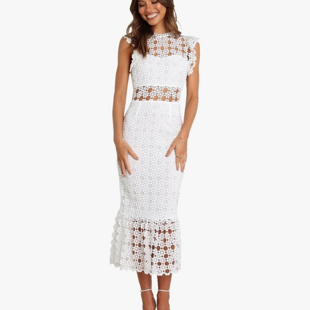 Petal & Pup Lauren Dress - White Lace Midi Dress